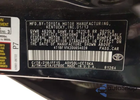 2013 Toyota Camry z USA, uszkodzony, nr VIN 4T1BF1FK2DU654028